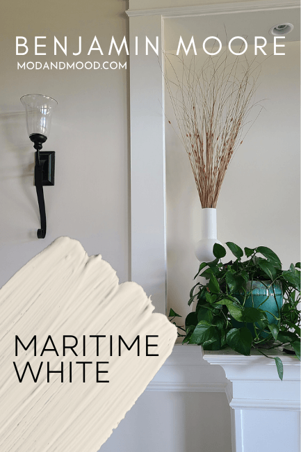 Benjamin Moore Maritime White swatched over a photo of the color on a living room wall.