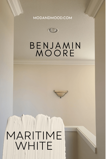 Benjamin Moore Maritime White Swatched over a photo of the color on walls in a stairwell and hall.