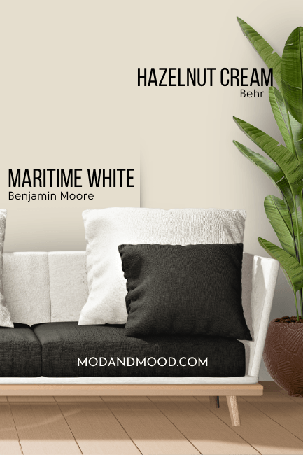 Benjamin Moore Maritime White on half of a wall and dupe Behr Hazelnut Cream on the other half.