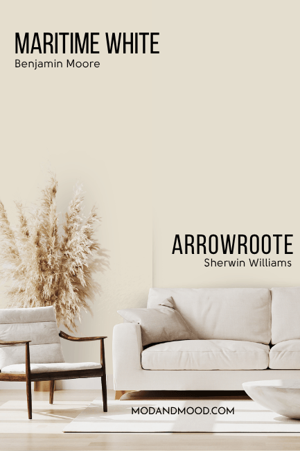 Benjamin Moore Maritime White on half of a wall and dupe Sherwin Williams Arrowroote on the other half.