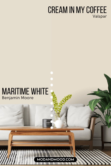 Benjamin Moore Maritime White on half of a wall and dupe Valspar Cream in my Coffee on the other half.