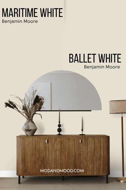 Benjamin Moore Ballet White on half of a wall and Maritime white compared on the other half.