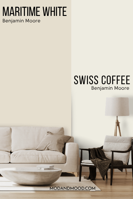 Benjamin Moore Swiss Coffee on half of a wall and Maritime white compared on the other half.