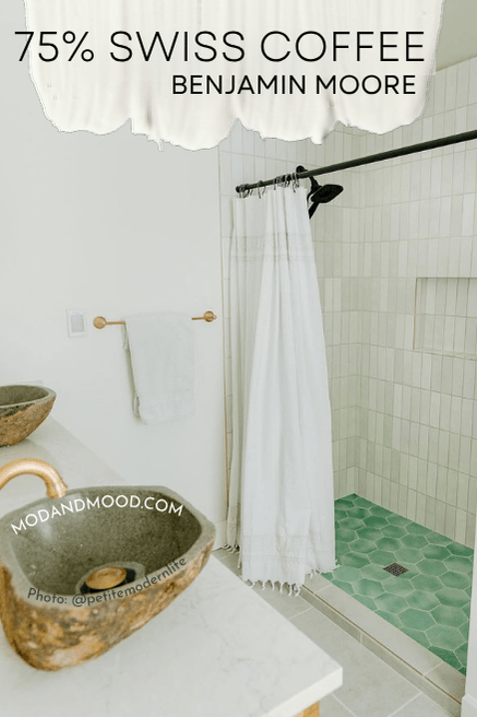 Benjamin Moore Swiss Coffee at 75% Swatched over a photo of the color in a bathroom