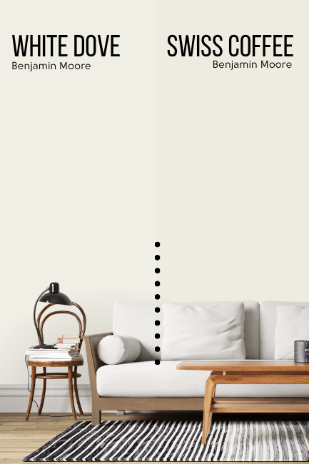 Benjamin Moore Swiss Coffee and White Dove each on half of a wall behind a white sofa with a wood frame.