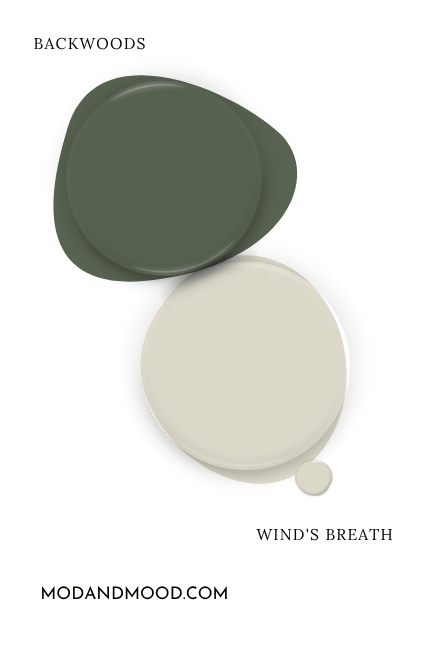 Benjamin Moore wind's breath swatched as a paint dot beside the same of coordinating color Backwoods.