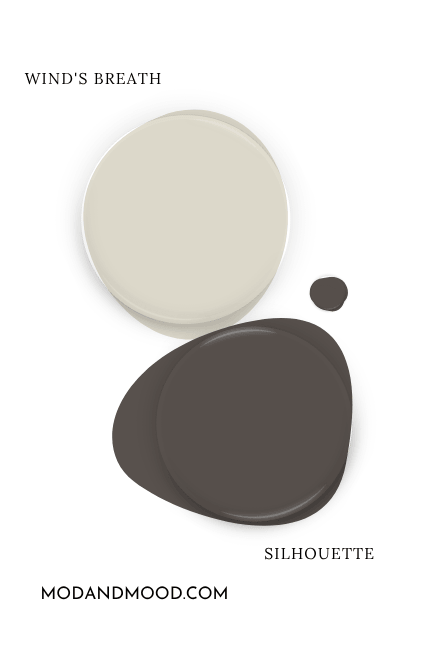 Benjamin Moore wind's breath swatched as a paint dot beside the same of coordinating color Silhouette