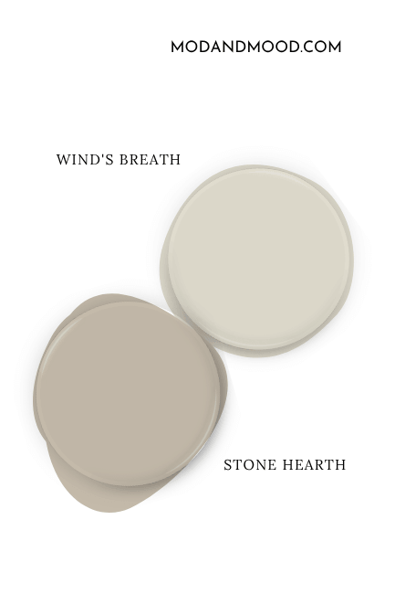 Benjamin Moore wind's breath swatched as a paint dot beside the same of coordinating color Stone Hearth