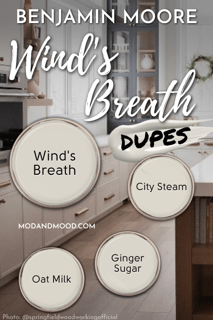 Wind's Breath swatched with dupes City Steam, Oat Milk, and Ginger Sugar over a background of the color on kitchen cabinets