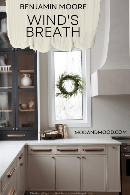 Sherwin Williams Wind's Breath on lower cabinets in a new kitchen
