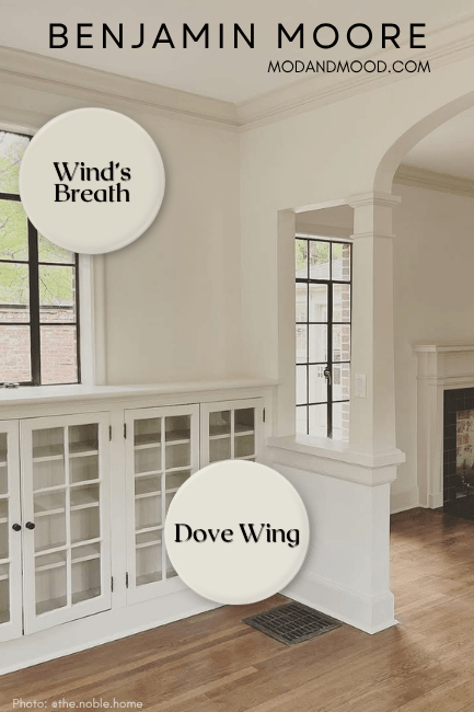 Benjamin Moore Wind's Breath on trim and Dove Wing on walls.