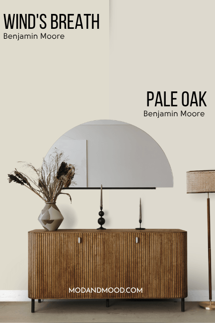 Benjamin Moore Wind's Breath compared to Pale Oak each on half of a wall with a hall table and a half moon mirror