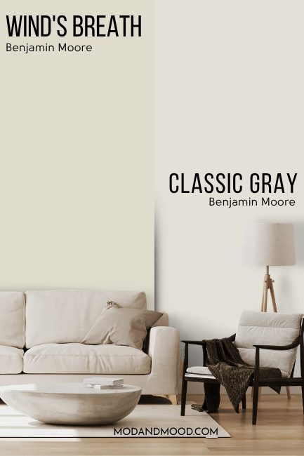 Benjamin Moore Wind's Breath on half of a wall and classic Gray on the other half behind a beige sofa