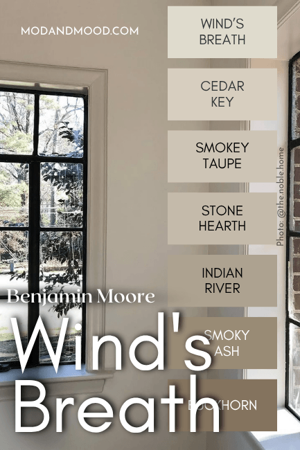 Wind's Breath in the Benjamin Moore color strip features colors from light to dark: Wind's Breath, Cedar Key, Smokey Taupe, Stone Hearth, Indian River, Smoky Ash, and Buckhorn.