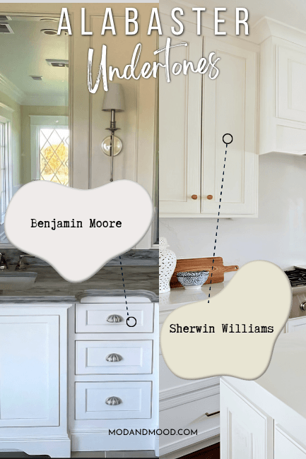 Sherwin Williams Alabaster vs Benjamin Moore Alabaster on cabinets with undertones highlighted