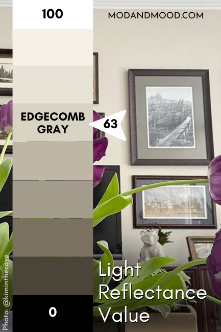 Benjamin Moore Edgecomb Gray marked at 63 on an LRV chart from 100 (white) to 0 (black).