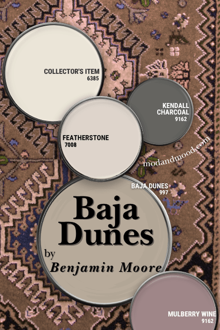 Baja Dunes with Benjamin Moores recommended coordinating colors Collector's Item, Featherstone, Kendall Charcoal, and Mulberry Wine over a colorful rug.