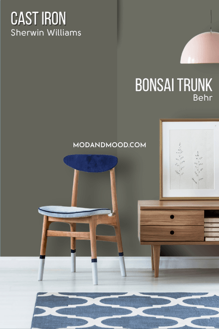 Sherwin Williams Cast Iron on half of a wall and dupe Behr Bonsai Trunk on one half of the wall behind a wood hall table and chair