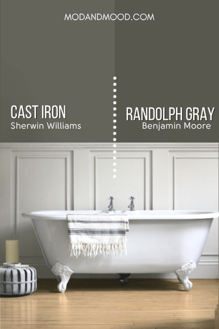 Sherwin Williams Cast Iron on half of a wall and dupe Benjamin Moore Randolph Gray on one half behind light gray wainscoting behind a white clawfoot tub.