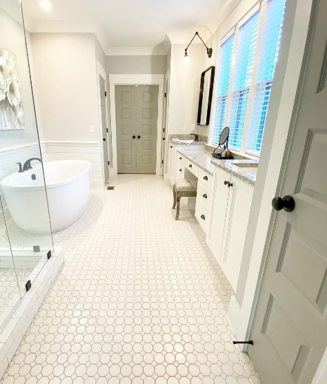 Dorian Gray doors in a soft gray bathroom.