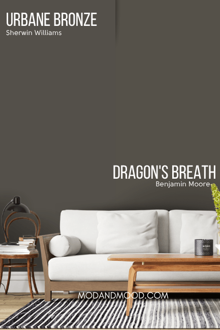 Dragon's Breath on half of a wall and the Sherwin Williams equivalent Urbane Bronze on the other half behind a white sofa.