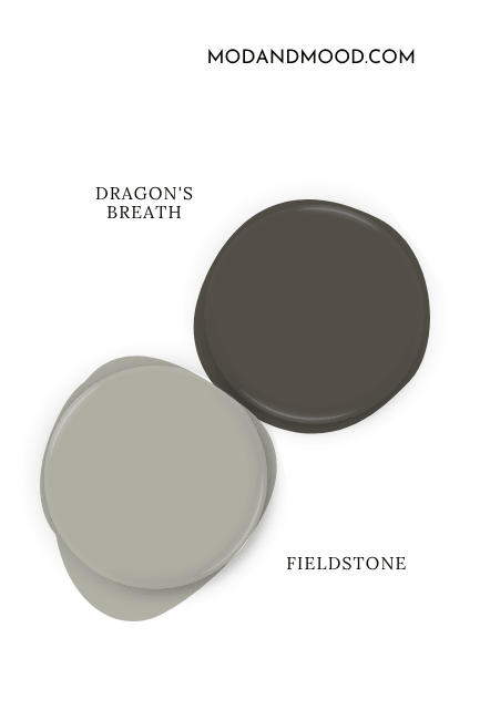 Paint dot of Benjamin Moore Dragon's Breath swatched beside the same of coordinating color Fieldstone