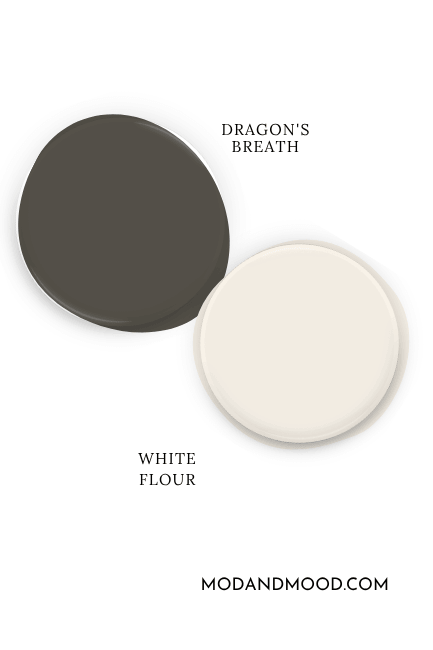 Paint dot of Benjamin Moore Dragon's Breath swatched beside the same of coordinating color White Flour.
