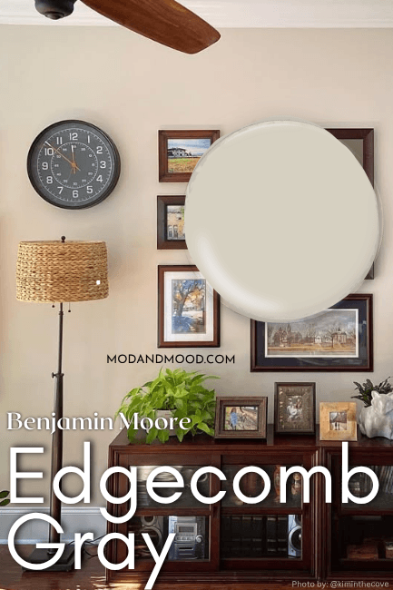 Swatch of Edgecomb Gray over a photo of the color on a gallery wall in a living room