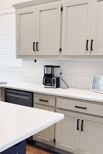 Benjamin Moore Edgecomb Gray on upper and lower kitchen cabinets