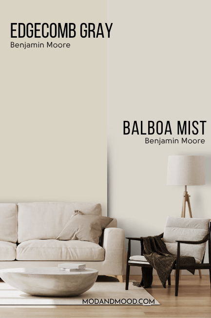 Benjamin Moore edgecomb Gray on half of a wall and Balboa Mist on the other half