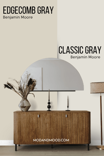 Benjamin Moore Edgecomb Gray on half of a wall and Classic Gray on the other half behind a wood table and half moon mirror.