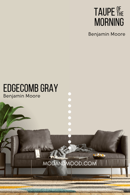 Benjamin Moore Edgecomb Gray on half of a wall and Taupe of the Morning on the other half.
