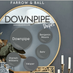 Dupes for Farrow and Ball Downpipe from the article swatched over a photo of the color on a wall with a round gold mirror.