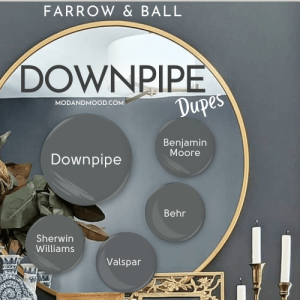 Dupes for Farrow and Ball Downpipe from the article swatched over a photo of the color on a wall with a round gold mirror.