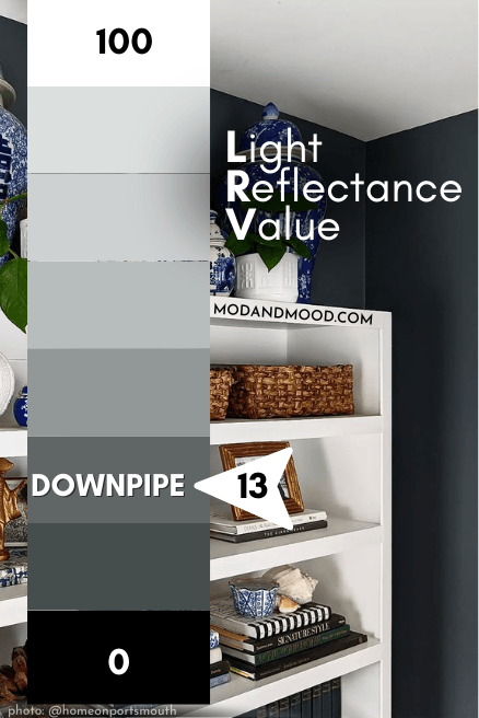 Railings marked at 13 on an LRV chart from 100 (white) to 0 (black) over a photo of the color on a wall with a white bookshelf