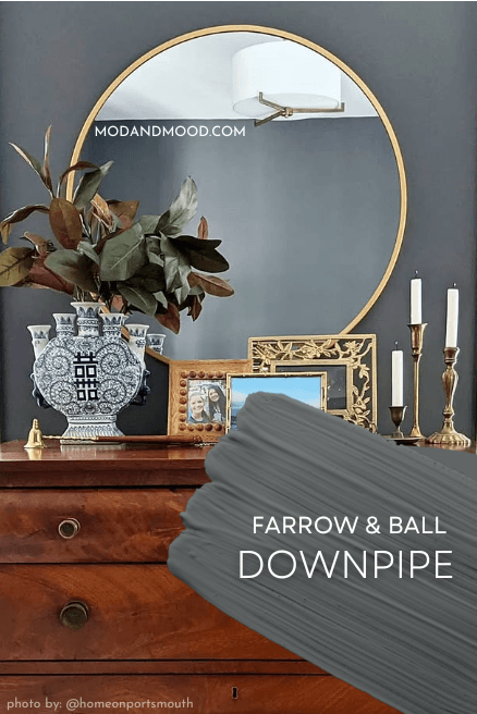 Swatch of Farrow and Ball Downpipe over a picture of the color on a wall