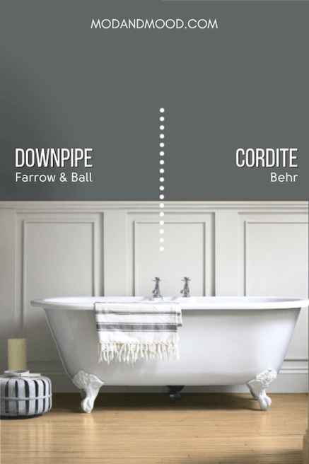 Behr dupe for Downpipe - cordite - on half of a wall with Downpipe on the other half with gray wainscoting in a bathroom with a white clawfoot tub.