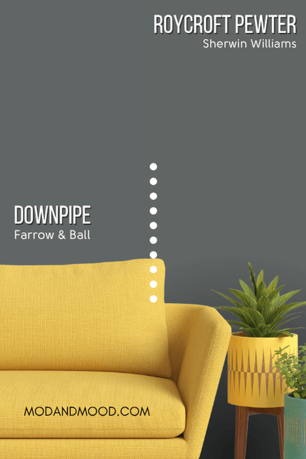 Farrow and Ball Downpipe on half of a wall and Sherwin Williams Dupe Roycroft Pewter on the other half behind a mustard sofa