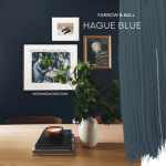 Swatch of Hague Blue over a photo of the color on a dining room wall