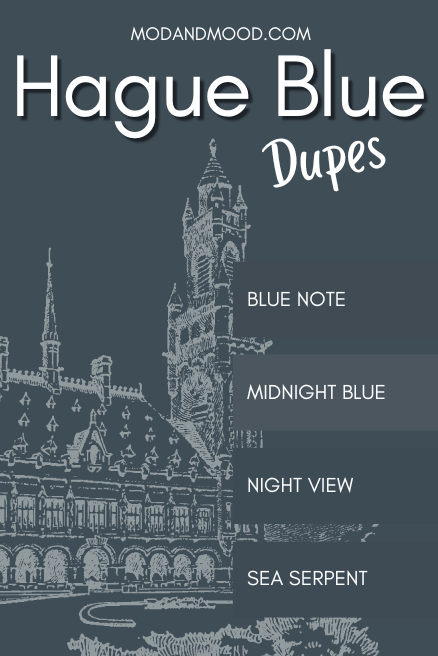 Farrow and Ball Hague blue dupes features swatches of dupes blue note, Midnight Blue, Night View, and Sea Serpent over a Hague Blue background.
