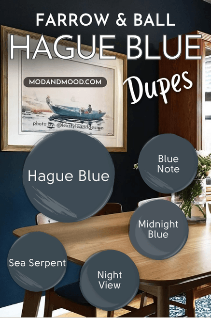 Dupes for Hague Blue by Farrow and Ball swatched around a larger paint dot of the color over a photo of the color on a wall. Dupes are Blue Note, Midnight Blue, Night View, and Sea Serpent.