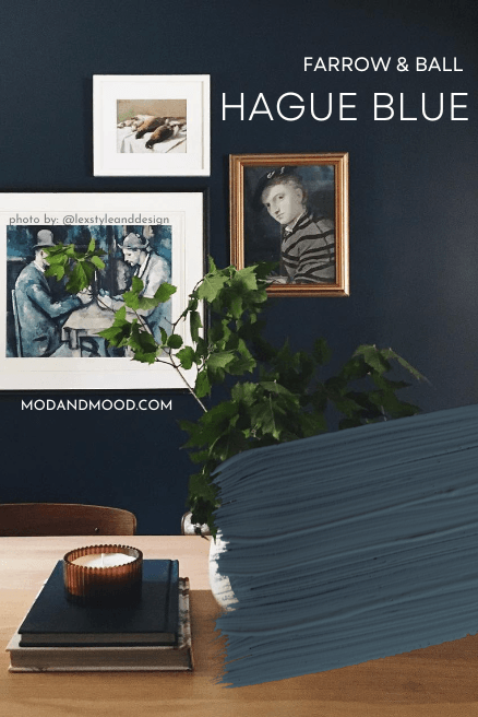 Farrow and Ball Hague Blue swatched over a photo of the color on the wall