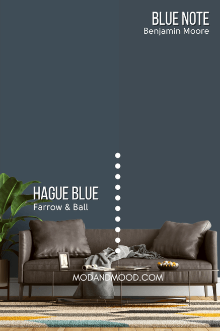 Benjamin Moore Blue Note and Farrow & Ball Hague Blue, each on half of a wall behind a brown leather sofa.