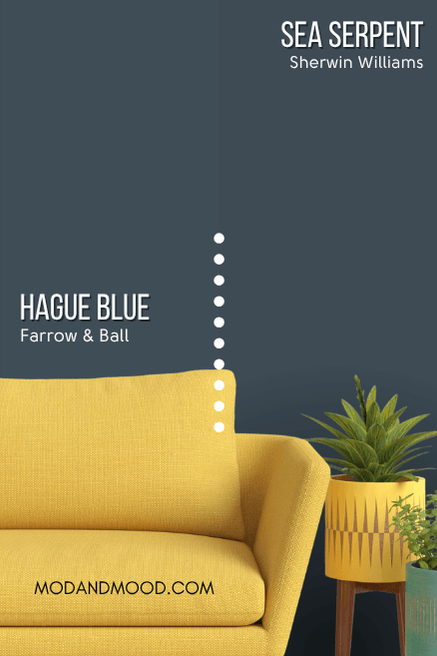Farrow and Ball's Hague Blue and Sherwin Williams Sea Serpent, each on half of a wall behind a mustard sofa and potted plants