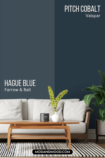 Farrow and Ball Hague Blue on half of a wall and Valspar Pitch Cobalt on the other half.