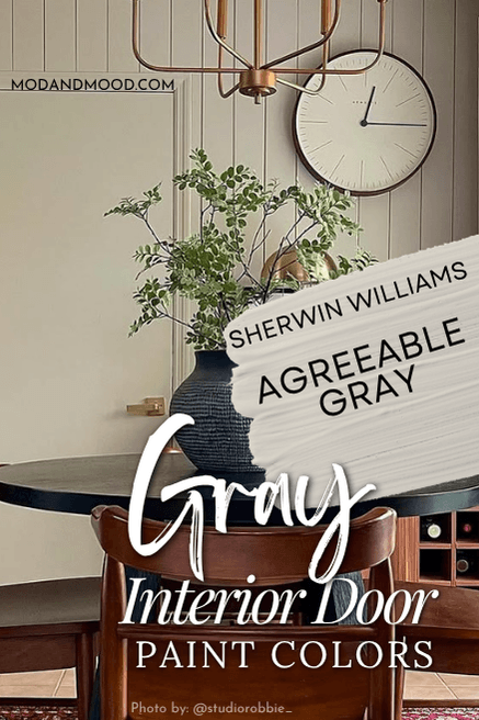 Swatch of Agreeable Gray over the color on walls in a cozy dining room