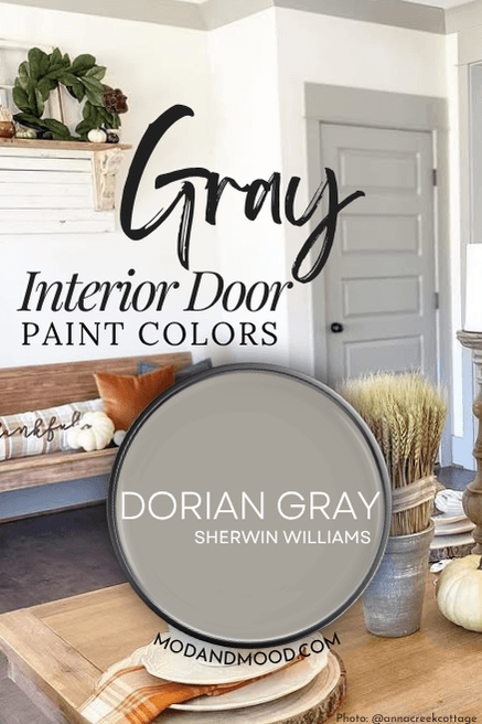 Sherwin Williams Dorian Gray on an interior door and trim with white walls.