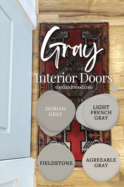 Graphic reads "Gray interior Doors" over a photo of a rug laying at the foot of a gray door with 4 swatches of color laid over top. Colors are Dorian Gray, Light French Gray, Fieldstone, and Agreeable Gray.