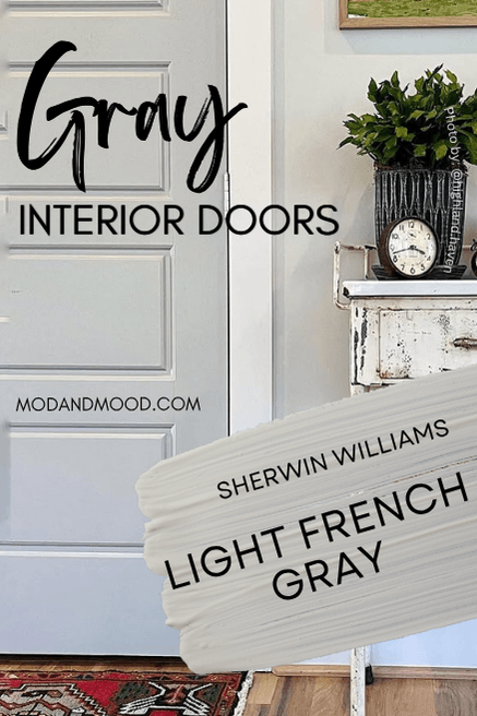 Sherwin Williams Light French Gray swatched over an interior door in the color.
