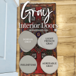 Graphic reads "Gray interior Doors" over a photo of a rug laying at the foot of a gray door with 4 swatches of color laid over top. Colors are Dorian Gray, Light French Gray, Fieldstone, and Agreeable Gray.